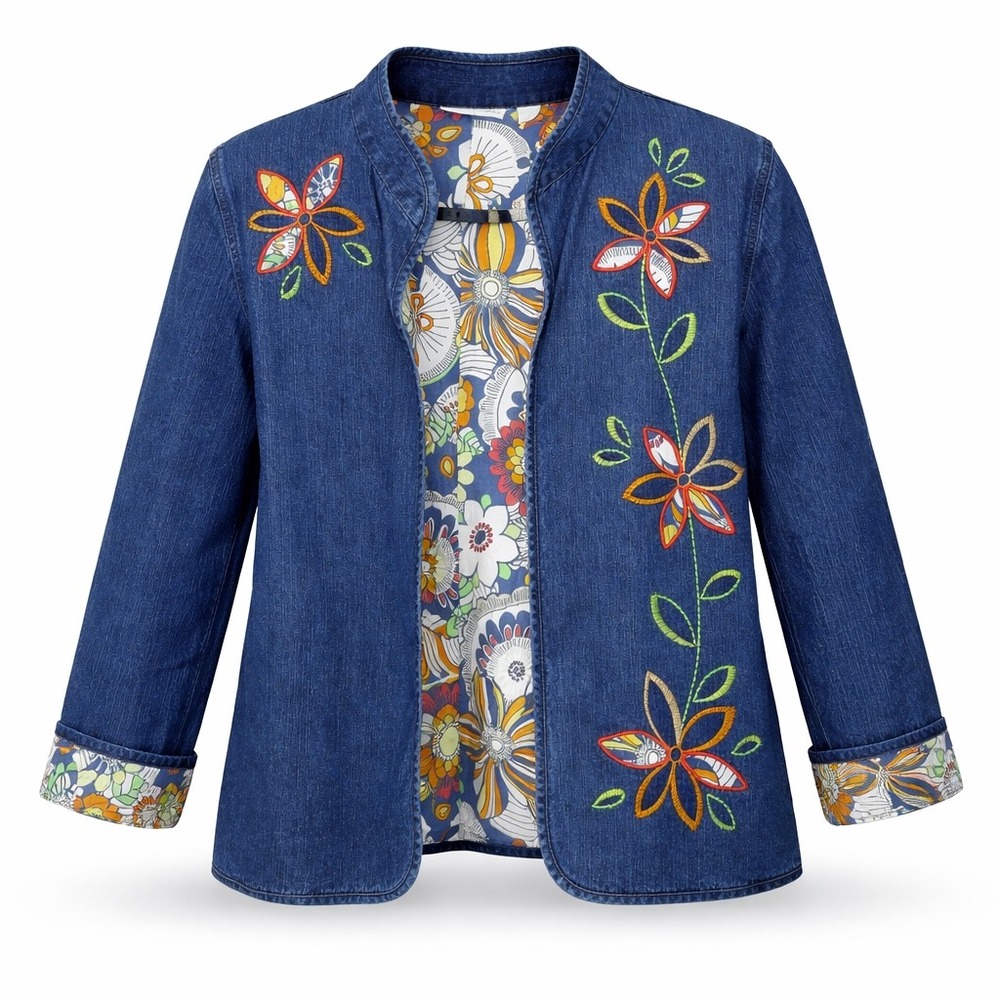 Alfred Dunner Blue‎ Denim Floral Embroidered Open Front Jacket Womens Size 8